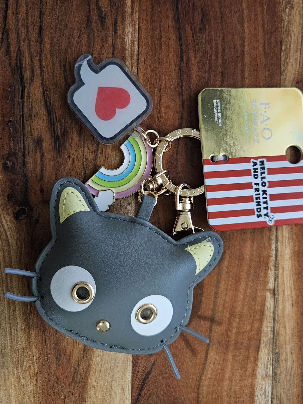 Hello Kitty Grey Cat Keychain Coin Pouch with Rainbow Charm